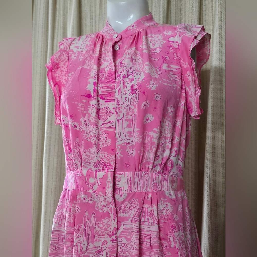 Lilly Pulitzer silk Palm Springs beach nudes swimmers story print dress